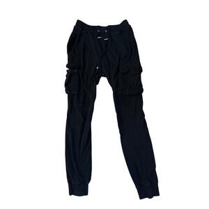 Men M Balmain Paris Navy Cargo Moto Pants Italy Pull-On Elastic Waist Drawstring